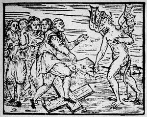 Bruxaria: o diabo e os homens que caminham na cruz católica - gravura de Unknown artist