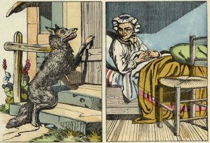 O lobo bate à porta da avó. Ilustração do conto "O Capuchinho Vermelho", de Charles Perrault de Unknown artist