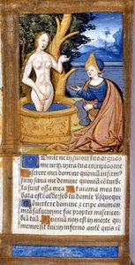Mulher na casa de banho dela. Página de um manuscrito do Pentateuco. Século XV. Bíblia. Braidense, Milão. de Unknown artist