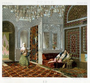 Mulheres numa sala de estar na Pérsia - em "O traje histórico" de Racinet de Unknown artist