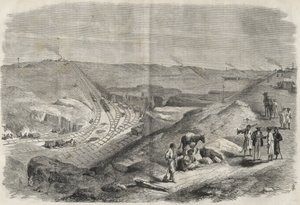 Obras no canal do Suez em 1864 - Obras de construção e perfuração do canal do Suez em 1864 (Tranchee Chaluf) - de Unknown artist