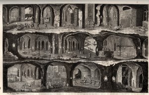 Trabalhar na Mina de Sal de Wieliczka - cidade mineira na Polónia - Vista das obras subterrâneas nas minas de sal de Wieliska, em Gallicie - gravura em 