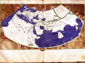 Mapa mundial de Claudius Ptolemaeus (Claude Ptolemee, 90-168 ap JC), astrónomo e astrólogo grego - Representação da Terra Plana sem os Polos Norte e Sul e sem os Polos Americanos - Manuscrito do século XV - Veneza, Biblioteca Marciana de Unknown artist