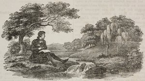 Escritor debaixo de árvore em frente à ribeira, ilustração do Teatro universale, Raccolta enciclopedica e scenografica, No 575, 19 de Julho de Unknown artist