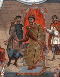 detalhes de: Carlos II o Careca (823 - 877), Rei de França recebendo uma delegação de monges de Tours.Fac-Simile em cromolitografia do século XIX, após uma miniatura do século X conservada no B.N. de Paris. de Unknown artist