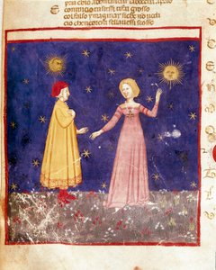 primeiro céu: Dante encontra Beatrice no Paraíso. Página iluminada ilustrando uma canção do Paraíso da "Divina Commedia" de Dante Alighieri (1265-1321). Século XIV, Veneza, Biblioteca Marciana de Unknown artist