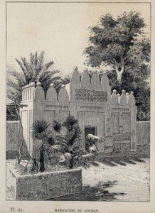 habitation du Sudan (Sudão) - gravura de 1889 em "Histoire de habitation humaine à l