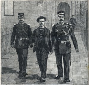 o anarquista italiano Luigi Luccheni (Lucheni), assassino da Impressora Isabel da Áustria (Sissi), levado ao Tribunal de Justiça em 1898. de Unknown artist