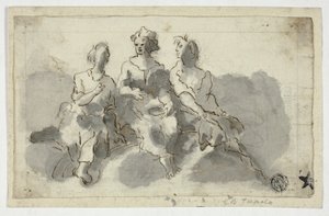 Três figuras sentadas (frente); homem sentado de perfil (verso)
