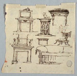 Desenho, peças de chaminé, mobiliário e medalhão de teto, 1790-1810 de Unknown artistUnknown artist