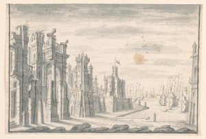 Desenho, Desenho de palco, Vista da cidade e do porto, início do século XVIII de Unknown artistUnknown artist
