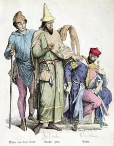 Fatos do século XI: O homem com o pau, o judeu rico e o cavaleiro. A gravura do século XIX. de Unknown artist