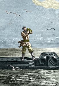 20.000 léguas debaixo do mar. O Capitão Nemo no submarino "Nautilus". Ilustração do romance de Júlio Verne "Vinte mil léguas submarinas" (Vinte mil - 20.000 - 20.000 - 20.000)