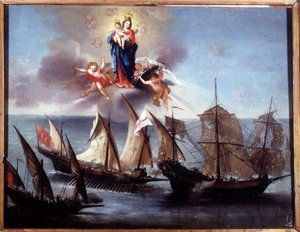Um barco de Génova atacado por uma galiot e um meio-galley bárbaro. Ex-voto 1796. Museo navale di Genova-Pegli. de Unknown artist
