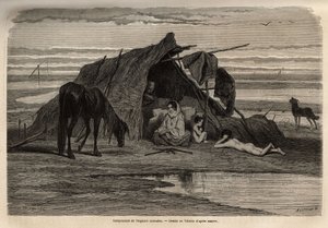 Um campo de ciganos nômades nas planícies do norte da Bósnia. Gravura para ilustrar as memórias das viagens entre os eslavos do sul, de Georges Perrot, em 1868, publicada em "Le tour du monde" 1870-1871, editada por Edouard Charton, edição Hachette, Pari de Unknown artist