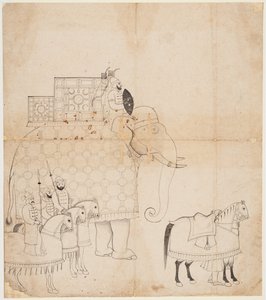Um desenho de elefante e cavalos embelezados de Unknown artist