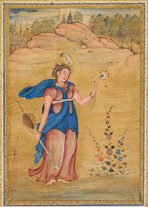 Uma figura feminina em pé em uma paisagem segurando um “khuuchir” de quatro cordas e um lótus de Unknown artist
