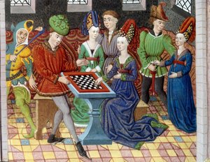 Um jogo de xadrez entre dois cortesãos na sala de um castelo. Minaiture retirado de "História de Alexandre o Grande" (ou Alexandre III de Macedoine (356-323 AC)) de Unknown artist
