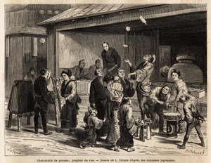 Uma cena animada de uma rua em Edo (Tóquio), com um malabarista itinerante em frente a uma peixaria, e um vendedor de tecidos barato. Gravura para ilustrar a viagem ao Japão, de Aime Humbert, ministro da Confederação Suíça, em 1863-1864, publicada em "le t de Unknown artist
