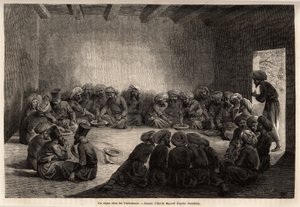 Uma refeição nos turcomanos (Iraque). Desenho de Emile Bayard (1837-1891), para ilustrar a viagem à Ásia Central, em 1863, de Arminius Vambery (cientista húngaro disfarçado em dervixe). Gravura em "Le tour du monde", editado por Edouard Charton de Unknown artist