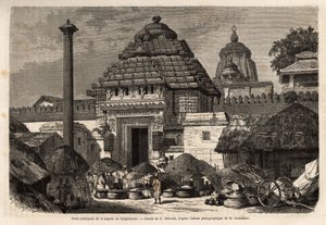 Um passeio popular em frente ao portão principal do Djaghernaut Pagoda (construído por volta de 1200), uma cidade sagrada e local de peregrinação no sul de Bengala. Gravura para ilustrar a viagem nas províncias meridionais da Índia, de Alfred Grandidier, e de Unknown artist