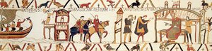 Uma cena da Tapeçaria Bayeux representando o Rei Eduardo falando com Haroldo de Unknown artist