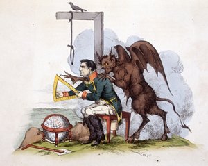 Uma cena na Ilha de Elba: Napoleão em frente a uma forca com o diabo - em “” Napoleão 1º, caricaturas, coleção de manequins ””, c. 1814 de Unknown artist