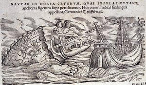 Uma baleia confundida com uma ilha. Duas pessoas acendem uma fogueira nas costas de um monstro marinho. Engraving n Historia Animalium de Conrad Gesner (1516-1565), Tiguri de Unknown artist