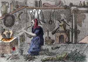 Uma bruxa no seu laboratório a preparar uma poção mágica, uma buzina cheia de ervas mágicas. Gravura do século XVI de Unknown artist
