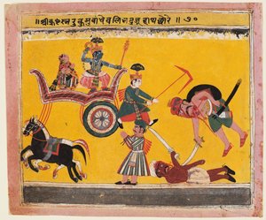 Rapto de Rukmini: Krishna amarrou as mãos de Rukma, de um Bhagavata Purana de Unknown artist