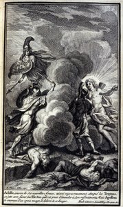 Aquiles, coberto com suas novas armas, tendo atacado rigorosamente os troianos, atirou-se com fúria a Héctor, a quem estava pronto para massacrar com seu ressentimento, mas Apolo o cobriu com uma espessa nuvem o delírio desse perigo. Ilustração do livro de Unknown artist