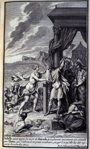 Aquiles, tendo ouvido falar da morte de Patrocles e chorando-o amargamente, é confortado por Thetis, que o exortou a não lutar, até que ela lhe trouxe novas armas". Ilustração do livro XVIII da Ilíada de Homere, edição francesa. de Unknown artist