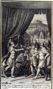 Aquiles, irritado contra Agamenón, jura por seu cetro que joga no meio da assembléia dos gregos para não ajudá-los; e Nestor mancha em vão para apaziguá-los. Ilustração do livro I da Ilíada de Homero, edição francesa de Unknown artist