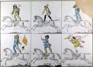 Aerobática: Exercícios acrobáticos a cavalo. Gravura de Unknown artist