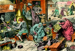 Laboratório de Alquimia Um alquimista que consulta um grimoire. Gravura da Colecção Privada do século XVI de Unknown artist