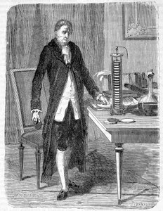 Alessandro (Alexandre) Volta construiu, em 1799, o electro-motor ou bateria eléctrica - gravura de Unknown artist