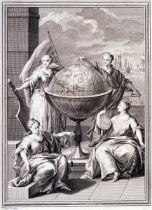 Alegoria da Exploração do Mundo - em "Viagem Histórica da América do Sul feita por Ordem do Rei de Espanha", por Don Georges Juan e Don Antoine de Ulloa, Librairie du Roi, Paris de Unknown artist