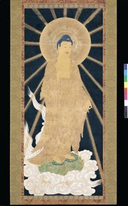 Amitabha (Amida) Tríade Descendente do Céu (pigmento sobre konshi (papel de arroz azul)) de Unknown artist