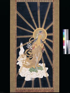 Amitabha (Amida) Tríade Descendente do Céu (pigmento sobre konshi (papel de arroz azul)) de Unknown artist