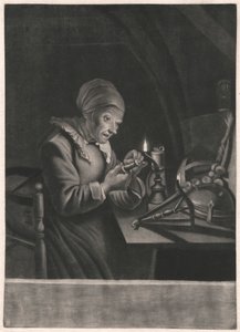 Uma mulher idosa repara a sua roda giratória de Unknown artist