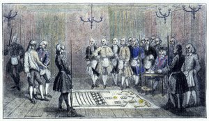 Um alojamento de aprendizes em Paris, cerca de 1740: esta cena representa a recepção de um "aprendiz" maçon (no chão a pintura do alojamento de aprendizes) - de acordo com uma gravura da época. de Unknown artist