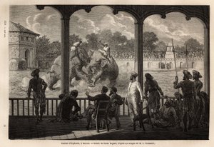 Uma luta de elefantes, em Baroda (ou Vadodara), no estado de Gujarat, na costa nordeste da Índia. Gravura para ilustrar a viagem na Índia dos Rajahs, de Louis Rousselet, em 1864-1868, publicada em "Le tour du monde" 1870-1871, editada por Edouard Charto de Unknown artist