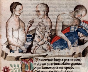 Antaeus o gigante baixa Dante e Virgílio no chão congelado do círculo da Traição (canção 31 do Inferno, na Divina Comédia) - miniatura do século XV de Unknown artist