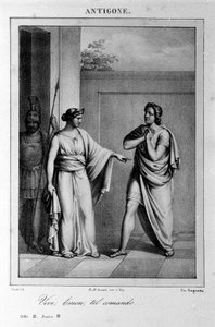 Antigone Act I, cena 3. Tragédia italiana de Vittorio Alfieri escrita em 1783, depois da mitologia grega. Gravura do século XVIII. de Unknown artist