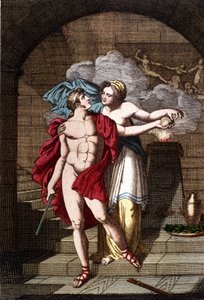 Arianne dá a Theseus o fio para que ele possa sair do labirinto - em Dizionario mitologico de Unknown artist
