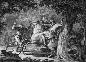Assassinato de Childeric II, 675: o rei dos Francos (cerca de 653-675) foi morto na floresta de Lognes por Bodillon, um lorde que ele tinha chicoteado. Gravura do século XVIII. de Unknown artist