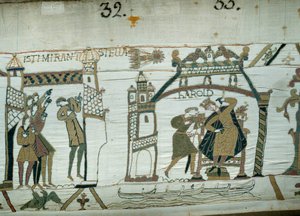 Os astrólogos relatam o aparecimento do cometa (Halley), prensagem de infortúnio para Haroldo, mal coroado Rei de Inglaterra Detalhe da tapeçaria de Bayeux ou Bordado da Rainha Mathilde de Unknown artist