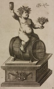 Baco no barril, manequim para lançar fogo de artifício, gravura de Grand Art d