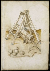 Pistola e elevador - Manuscrito: folha de pergaminho de um manual de engenharia para a construção de edifícios civis, religiosos e militares, anónimo, final do século XV (figura em tinta chinesa) de Unknown artist