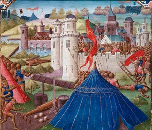 Cena de batalha uma miniatura de Cartago da "História Romana" (Ad urbe condita) por Tite Live (59 BC-17 AD) (Titus Livius), traduzido por Pierre Bessuire 1450-1500 Chantilly, Musee Conde de Unknown artist